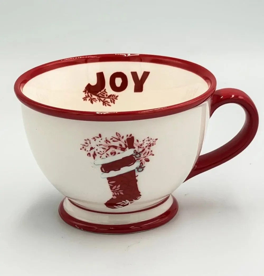 STARBUCKS Coffee Christmas Stocking Red & White Holiday JOY 2007 Footed Mug